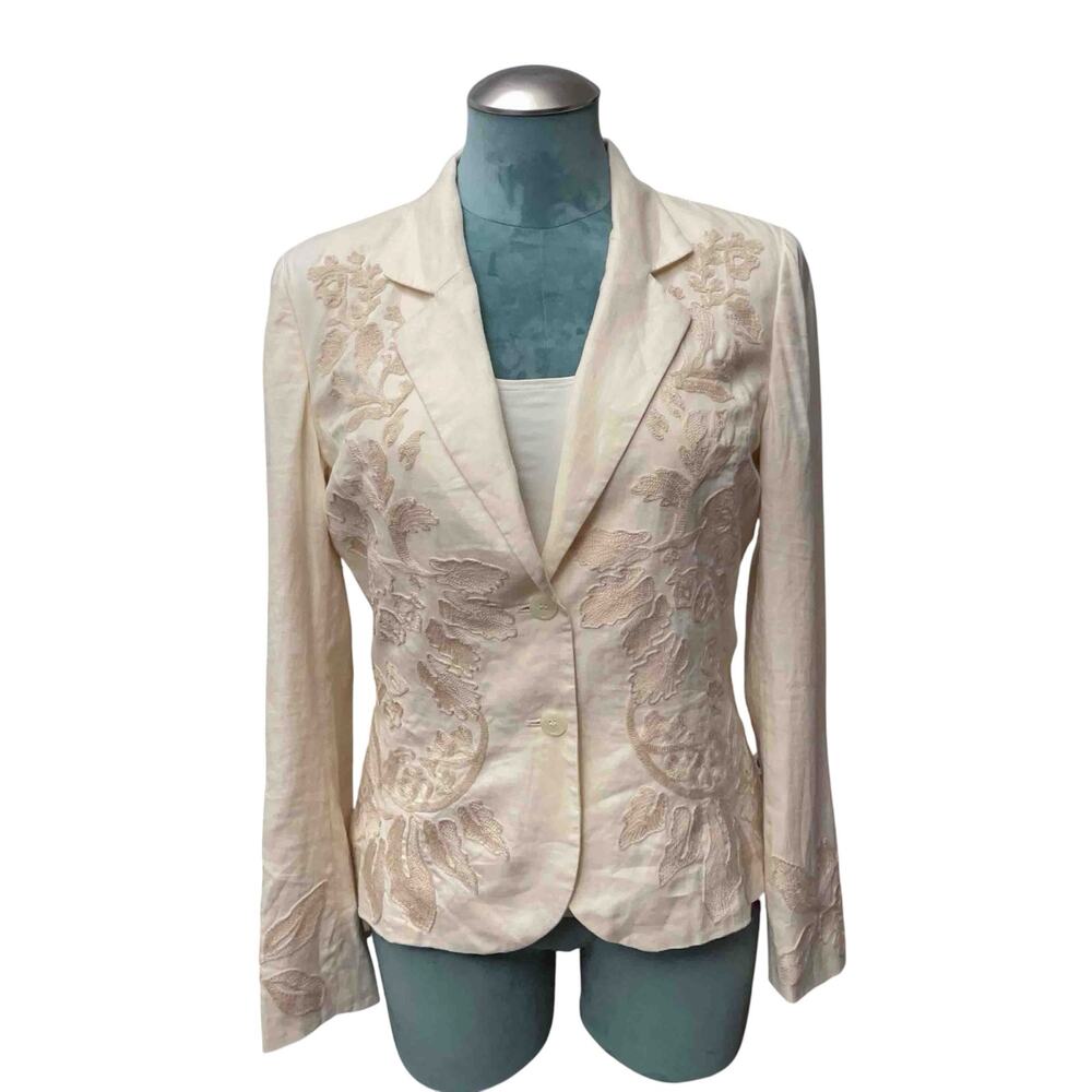 Womyn Embroidered Linen Blazer 8 Beige Cottagecore Evening Feminine Office Boho